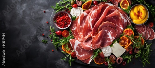 Selection of cured meats and ham antipasto platter Overhead shot with empty space for text