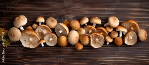 Top down perspective of honeydew mushrooms resting on wooden surface Empty area available