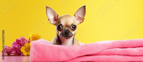 Small dog resting on a pink...
