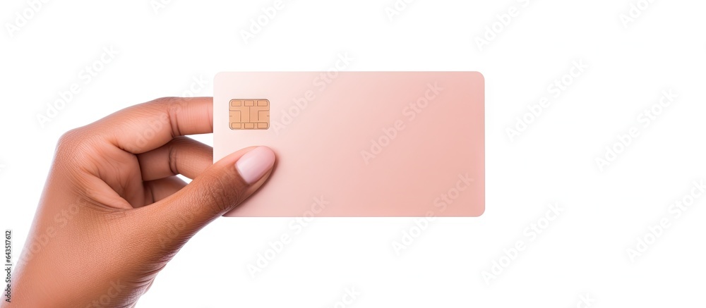 Obraz premium Woman displaying empty business card on white studio backdrop with copy space cutout