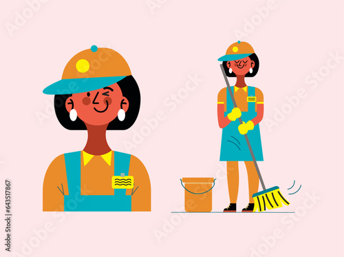 Smiling Female Janitor lady, mid century cartoon flat character, vector illustration