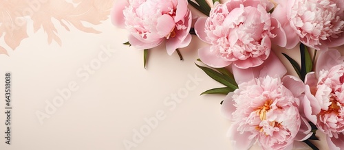 Pink peonies on vintage wrapping paper Conceptual spring banner with copy space