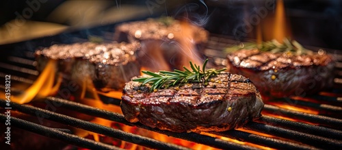 Grilling steaks with herbs spices and salt focusing on flames