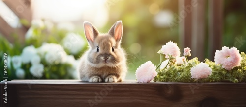 A cute bunny is on a wooden...