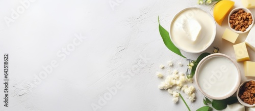 Dairy products arranged on grey background Flat lay with various items on table space to write