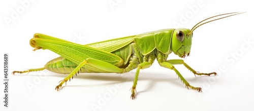 Close up photo of a grasshopper on white backdrop photo