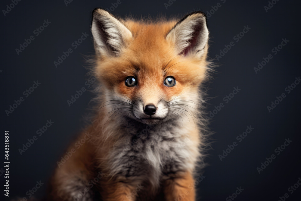 Fototapeta premium Cute Fox Kit On Gray Background . Сoncept Cute Fox Kits, Gray Background, Colorful Animals, Woodland Creatures