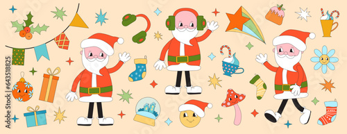 Merry Christmas groovy set. Collection of hippie holiday winter elements in trendy old animation style. Groovy Christmas stickers.