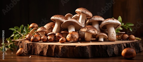 Wild porcino mushrooms on a wooden board close up