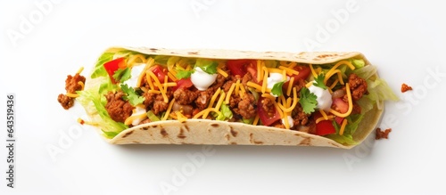 Directly above shot of a taco with various fillings on a white background copy space available