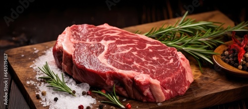 Marbled raw Ribeye steak with herbs and spices on cutting board