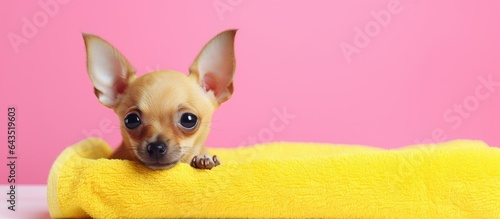 Small dog resting on a pink...