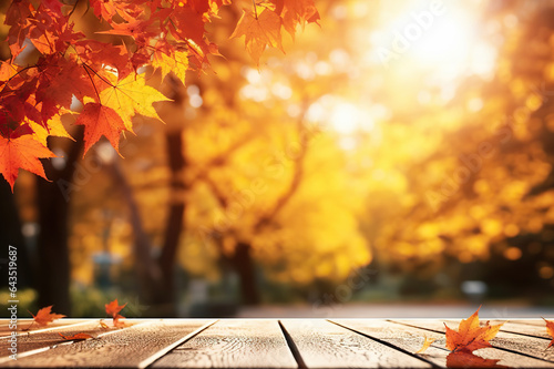 Captivating Autumn Beautiful Colorful Natural Background Perfect for Presentations, Featuring Dry Orange Leaves on Wooden Boards Amid a Blurry Autumn Park. created with Generative AI