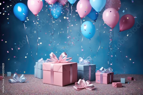 Gender reveal balloons and glitter invitation for baby shower - pink and blue baby reveal birthday party card