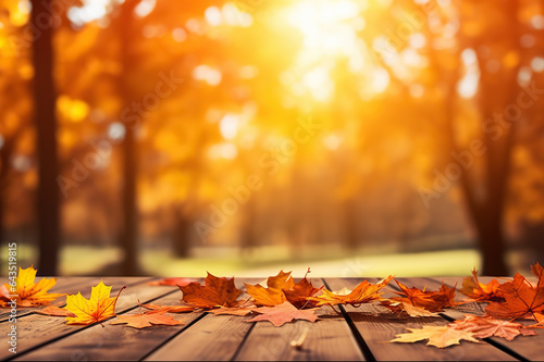 Captivating Autumn Beautiful Colorful Natural Background Perfect for Presentations  Featuring Dry Orange Leaves on Wooden Boards Amid a Blurry Autumn Park. created with Generative AI