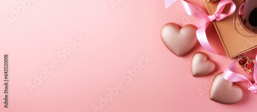 Valentine s Day card with champagne chocolates and gift box on pink background