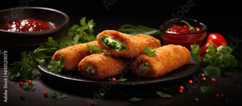 Wallpaper Mural Ideal for any cooking content the rissoles come with chili sauce and abundant copy space suitable for recipes articles catalogs or promotions Torontodigital.ca