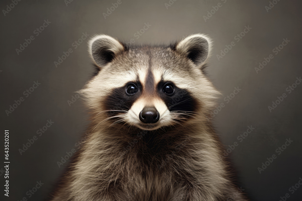Cute Raccoon On Gray Background . Сoncept Adorable Animals, Raccoon Appreciation, Grayscaled Backgrounds, Cute Photography