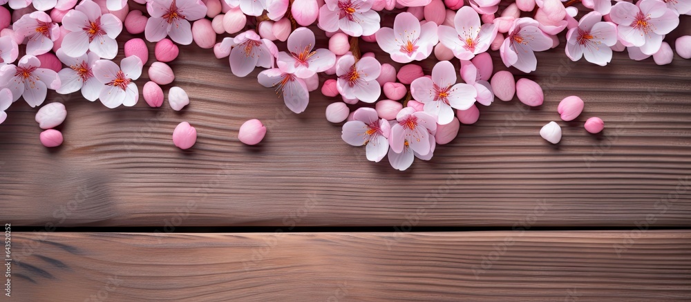 Wooden hearts on a cherry blossom background for Valentine s Day
