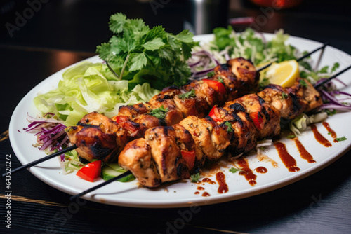 Dish Chicken Kebab On Table In Industrialstyle Cafe. Сoncept Industrialstylecafe, Chickenkebab, Table, Foodphotography