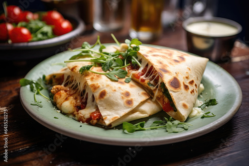 Dish Chicken Quesadilla On Table In Industrialstyle Cafe. Сoncept Industrialstyle Cafe, Dish Chicken Quesadilla, Creative Homecooking, Food Photography Inspiration