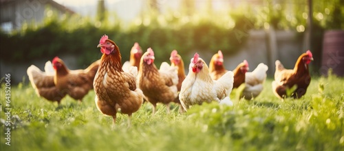 Farmyard chickens on green ...