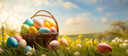 Eggs in a basket during Easter in a field