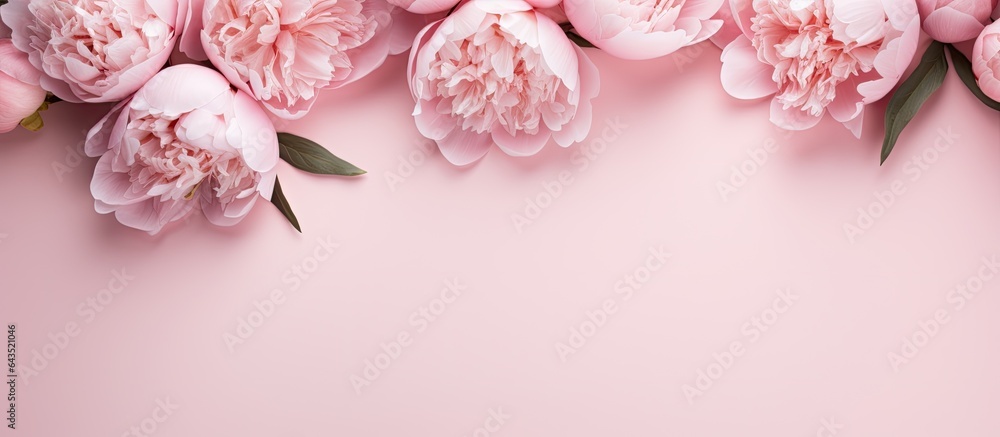 Peonies on colorful background flat lay with text space Peonies on colorful background flat lay with text space
