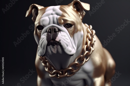 Bulldog wearing gold chain collar. Pet. Illustration  Generative AI.