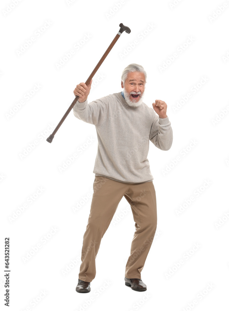 Emotional senior sports fan with walking cane isolated on white Emotional senior sports fan with walking cane isolated on white