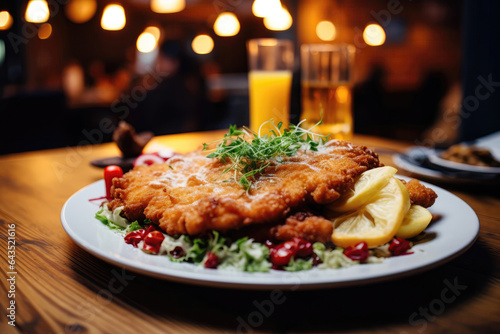 Dish Schnitzel On Table In Industrialstyle Cafe. Сoncept Schnitzel Dish History And Origins, Industrial Cafe Style, Best Schnitzel Recipes, Eating Schnitzel In Modern Dining Spaces photo