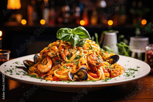 Dish Seafood Pasta On Table In Industrialstyle Cafe. Сoncept Seafood Pasta Dishes In Cafe Design, Industrialstyle Decor To Enhance Dining Experience, Fusion Of Italian And Fish Dishes