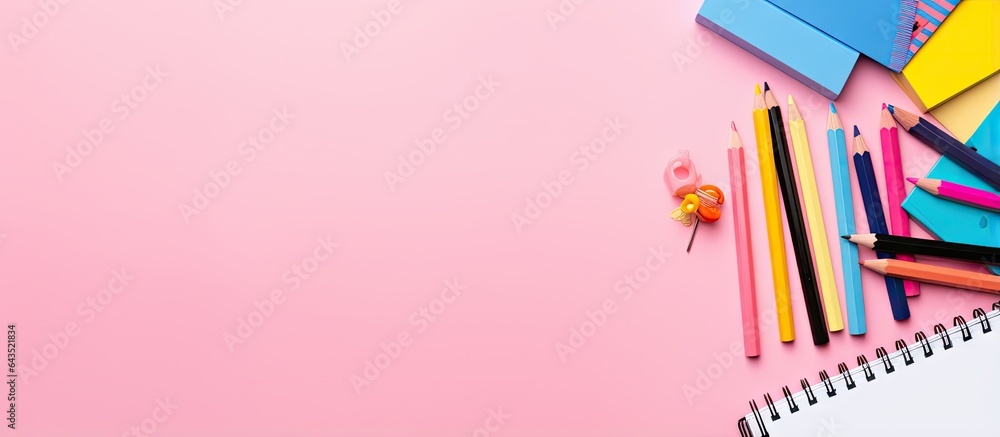 Fototapeta premium School supplies arranged on a pink background for back to school with space for text