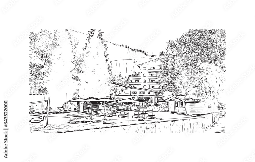 Building view with landmark of Saalbach is the municipality in Austria. Hand drawn sketch illustration in vector.