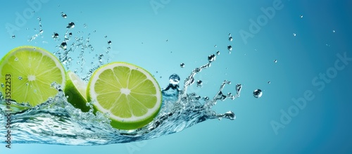 Lime dropping in water on blue background with space for text