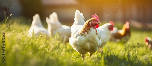 Farmyard chickens on green ...