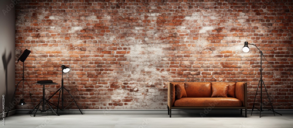 Brick wall backdrop with photo studio interior Brick wall backdrop with photo studio interior