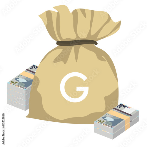 Haitian Gourde Vector Illustration. Haitian money set bundle banknotes. Money bag 100 HTG. Flat style. Isolated on white background. Simple minimal design. photo