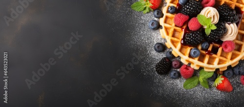 Belgium American waffles a tasty sweet dish snack on menu Background view top angle Text space