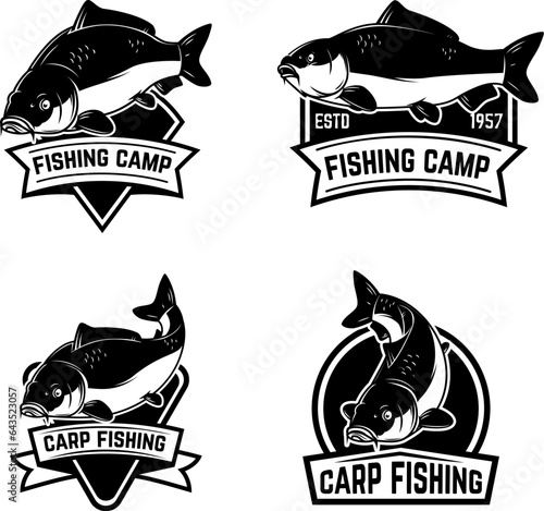 Set of carp fishing emblems in monochrome style. Carp fish logo, label, sign, poster, badge.
