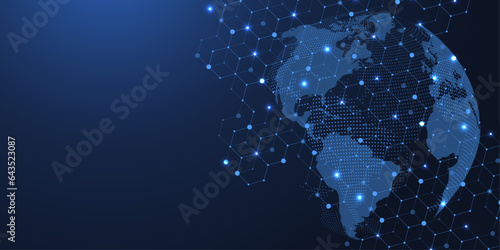 Global network connection concept. Big data visualization. Social network communication in the global computer networks. Internet technology. Business. Science. Vector illustration