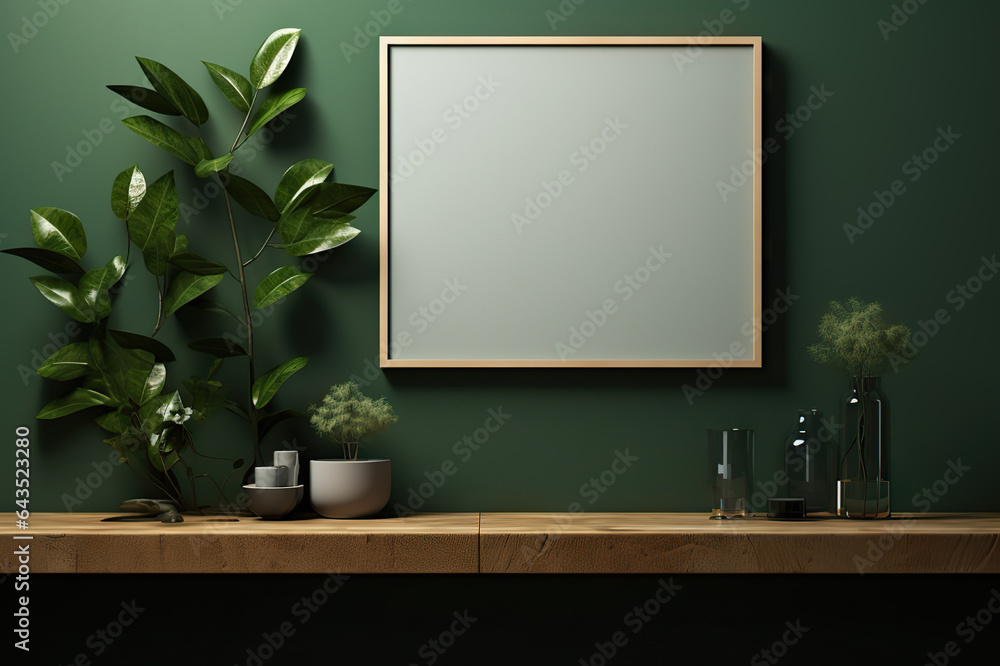 Minimalist Mockup Poster Frame Set Against a Dark Green Wall in a Sleek Interior Ambiance. created with Generative AI Minimalist Mockup Poster Frame Set Against a Dark Green Wall in a Sleek Interior Ambiance. created with Generative AI