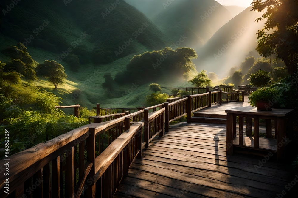 Fototapeta premium sunrise over the lake ,Deck in Mountains .