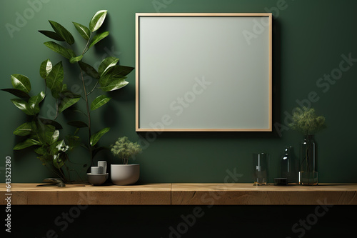Minimalist Mockup Poster Frame Set Against a Dark Green Wall in a Sleek Interior Ambiance. created with Generative AI