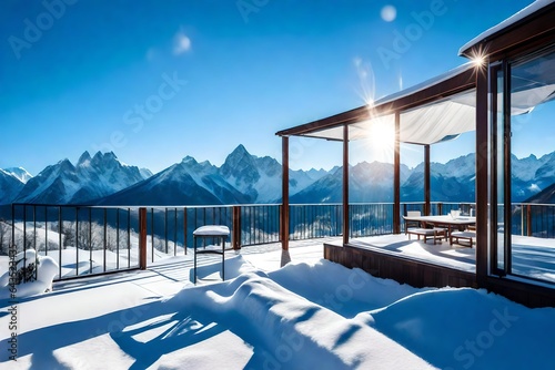 sunrise over the lake  Deck in Mountains .