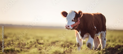 Copy space available for a calf with a plastic weaning noseplate in a field photo