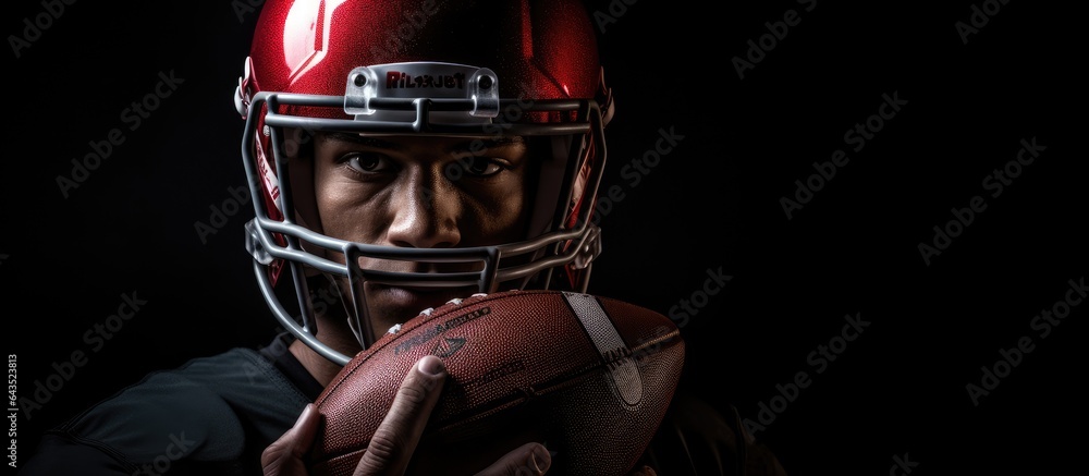 Football player wearing a helmet examines rugby ball on black backdrop
