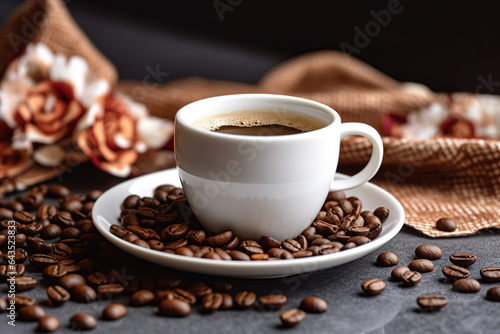 Coffee cup and coffee beans on a black stone background.