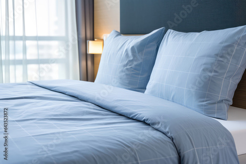 Modern Room With Pillow Bed With Blue Linen Linens Closeup . Сoncept Choosing The Perfect Blue Linens, Creating A Pillow Bed With Style, Decorating A Modern Room Calculatedly