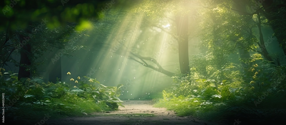 Forest background with sun rays soft magical feeling summer or spring scenery